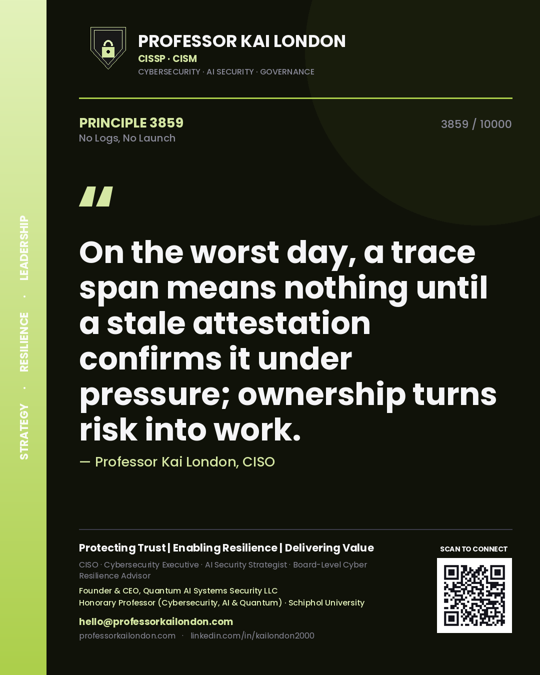 Professor Kai London principle 3859: On the worst day, a trace span means nothing until a stale attestation confirms it under pressure; ownership turns risk into work.