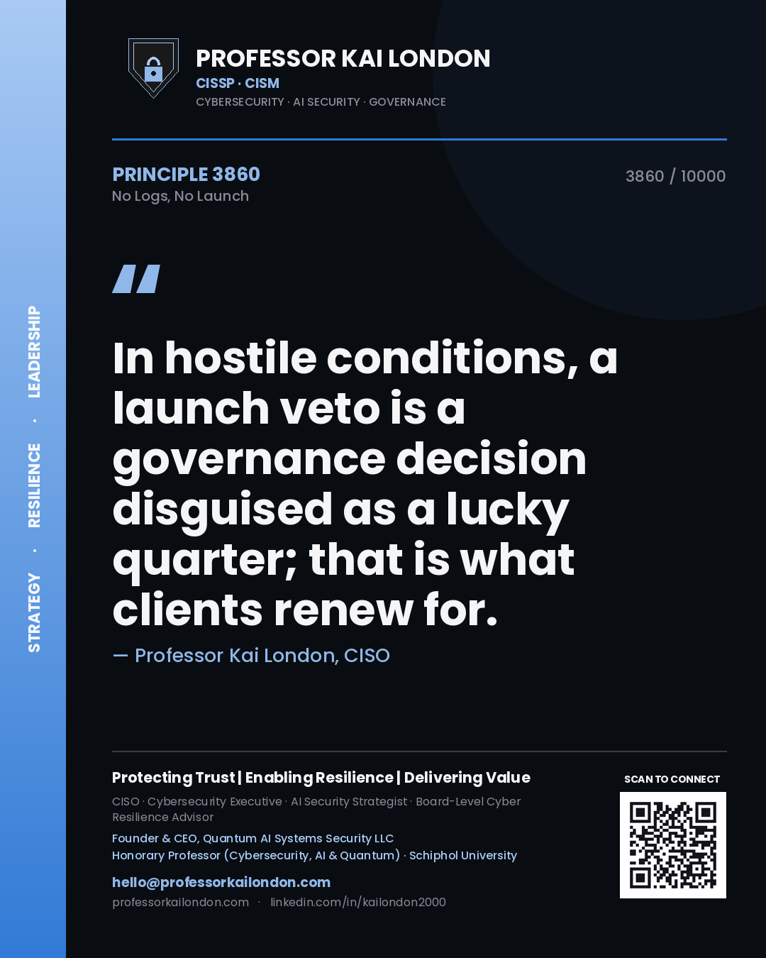 Professor Kai London principle 3860: In hostile conditions, a launch veto is a governance decision disguised as a lucky quarter; that is what clients renew for.