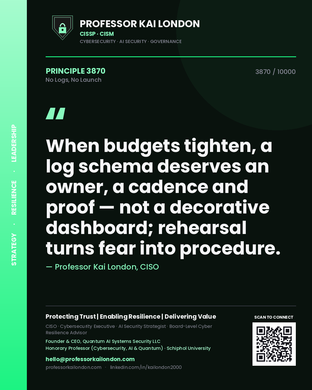 Professor Kai London principle 3870: When budgets tighten, a log schema deserves an owner, a cadence and proof — not a decorative dashboard; rehearsal turns fear into procedure.