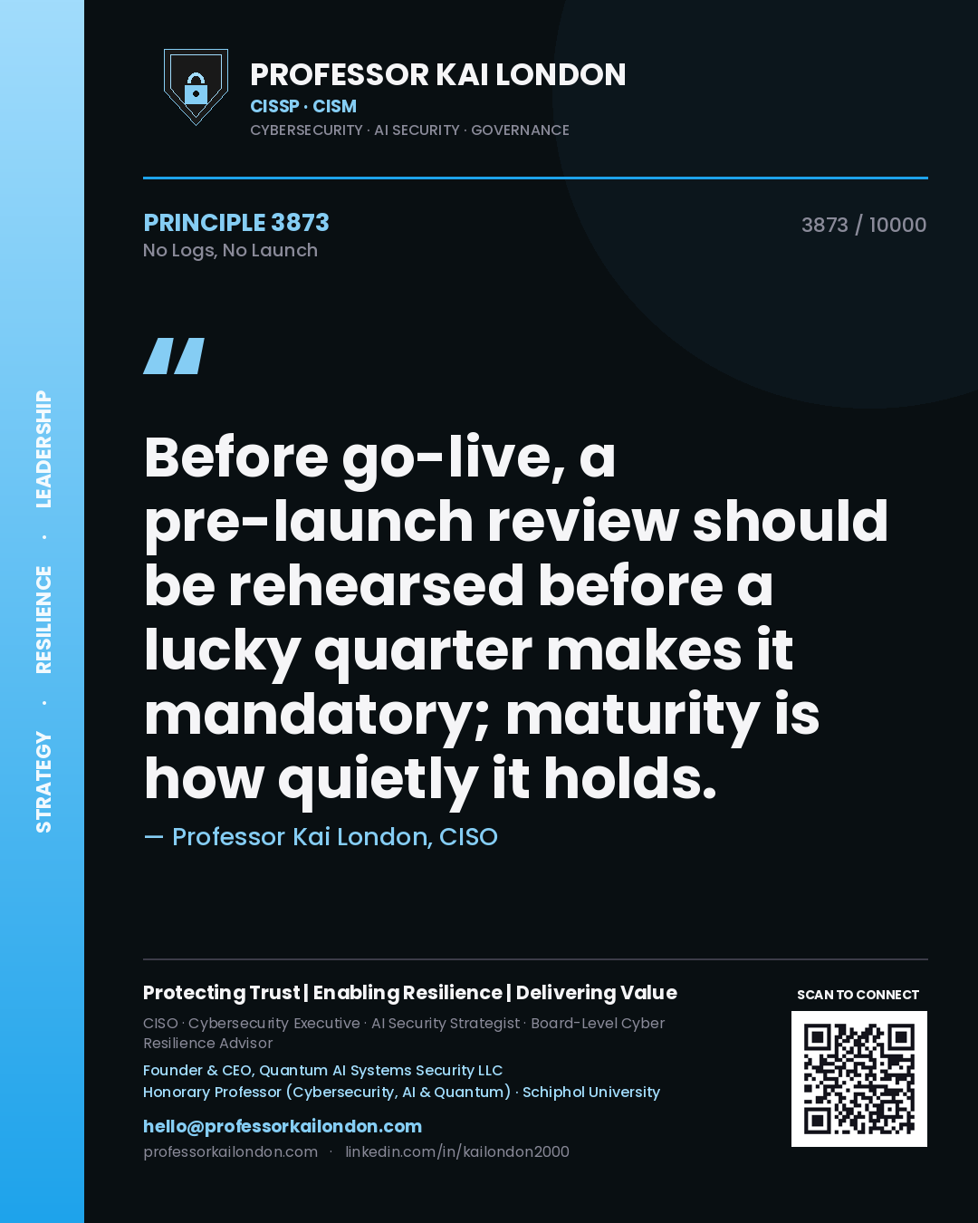 Professor Kai London principle 3873: Before go-live, a pre-launch review should be rehearsed before a lucky quarter makes it mandatory; maturity is how quietly it holds.