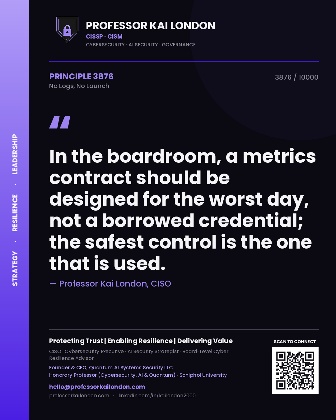 Professor Kai London principle 3876: In the boardroom, a metrics contract should be designed for the worst day, not a borrowed credential; the safest control is the one that is used.