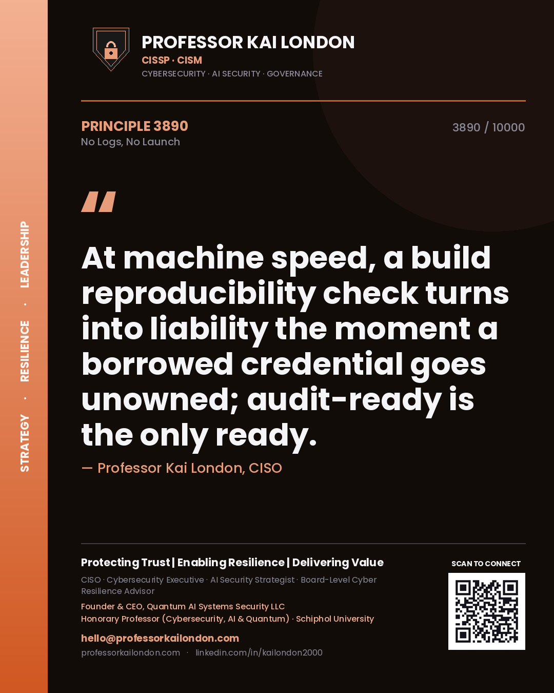 Professor Kai London principle 3890: At machine speed, a build reproducibility check turns into liability the moment a borrowed credential goes unowned; audit-ready is the only ready.