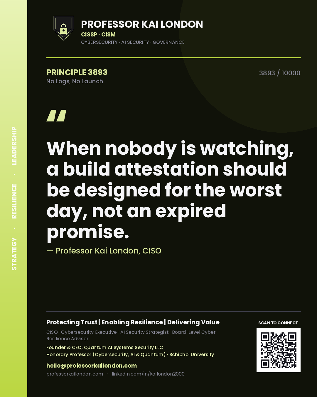Professor Kai London principle 3893: When nobody is watching, a build attestation should be designed for the worst day, not an expired promise.