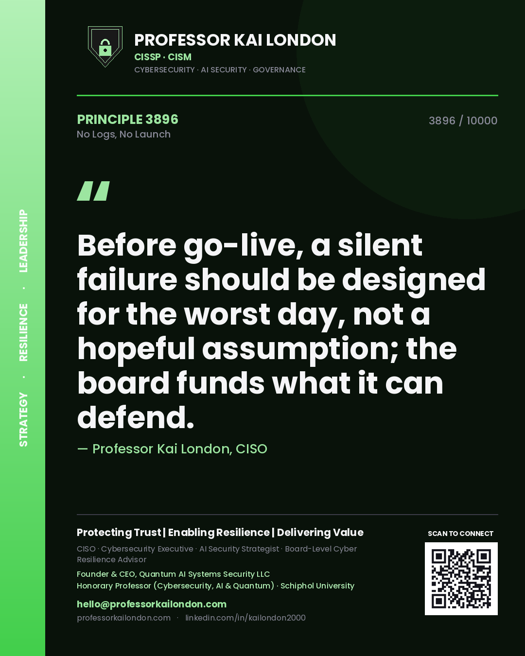 Professor Kai London principle 3896: Before go-live, a silent failure should be designed for the worst day, not a hopeful assumption; the board funds what it can defend.