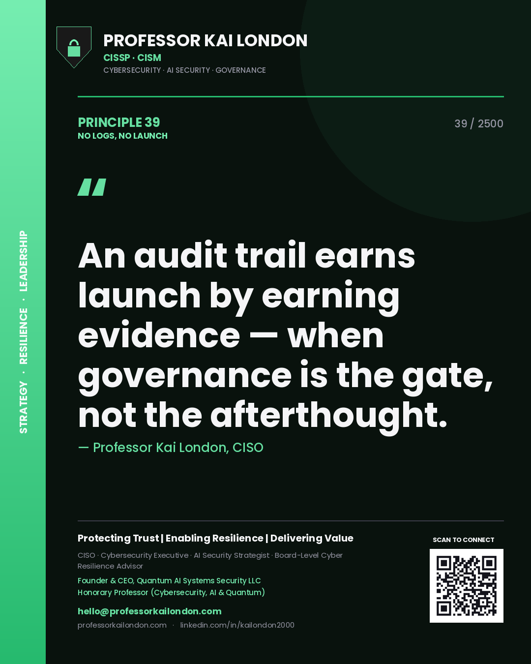 Professor Kai London principle 39: An audit trail earns launch by earning evidence — when governance is the gate, not the afterthought.