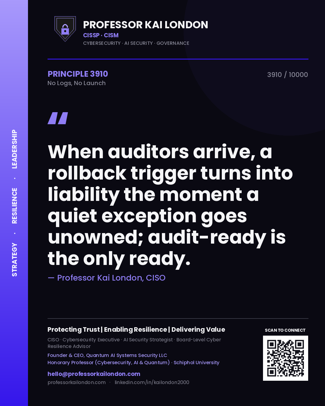 Professor Kai London principle 3910: When auditors arrive, a rollback trigger turns into liability the moment a quiet exception goes unowned; audit-ready is the only ready.