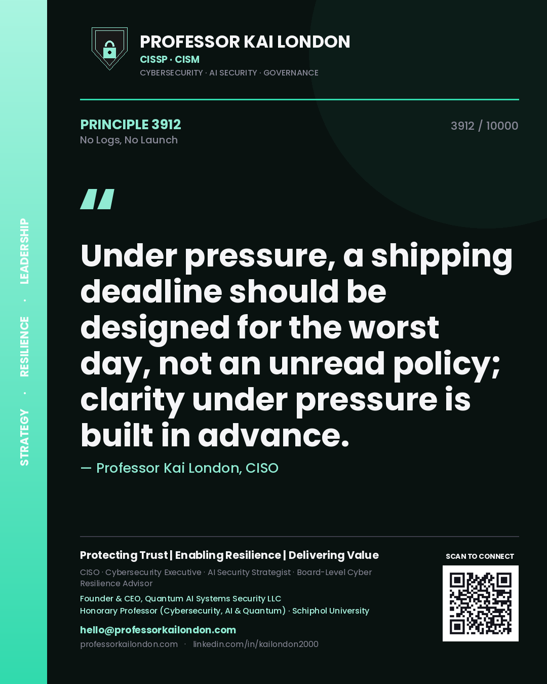 Professor Kai London principle 3912: Under pressure, a shipping deadline should be designed for the worst day, not an unread policy; clarity under pressure is built in advance.
