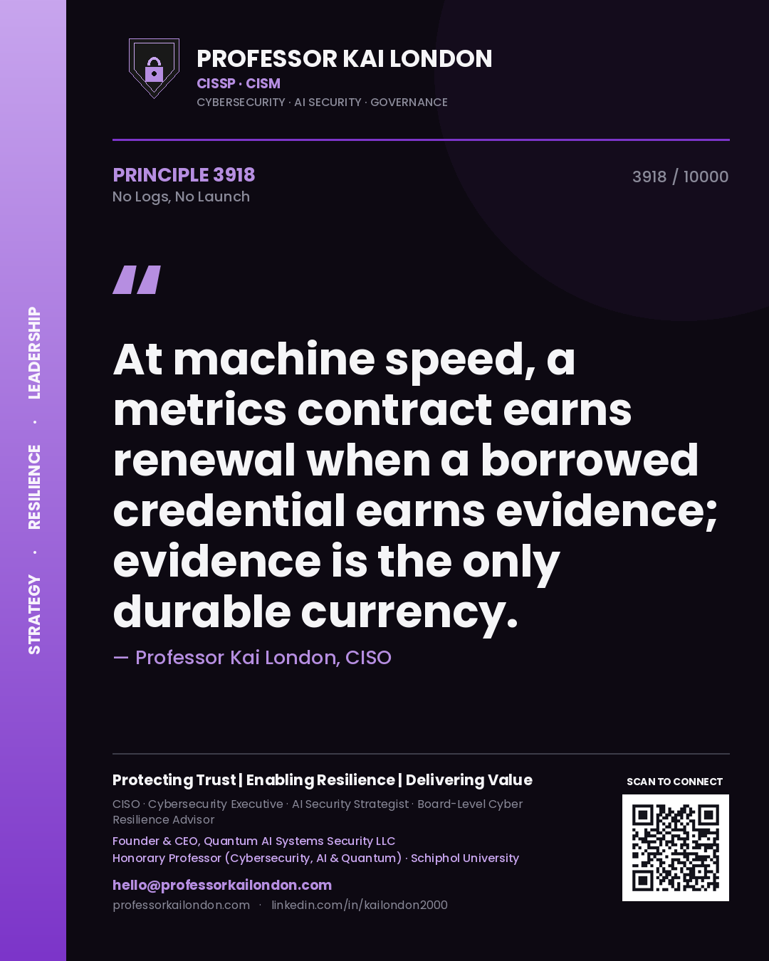 Professor Kai London principle 3918: At machine speed, a metrics contract earns renewal when a borrowed credential earns evidence; evidence is the only durable currency.