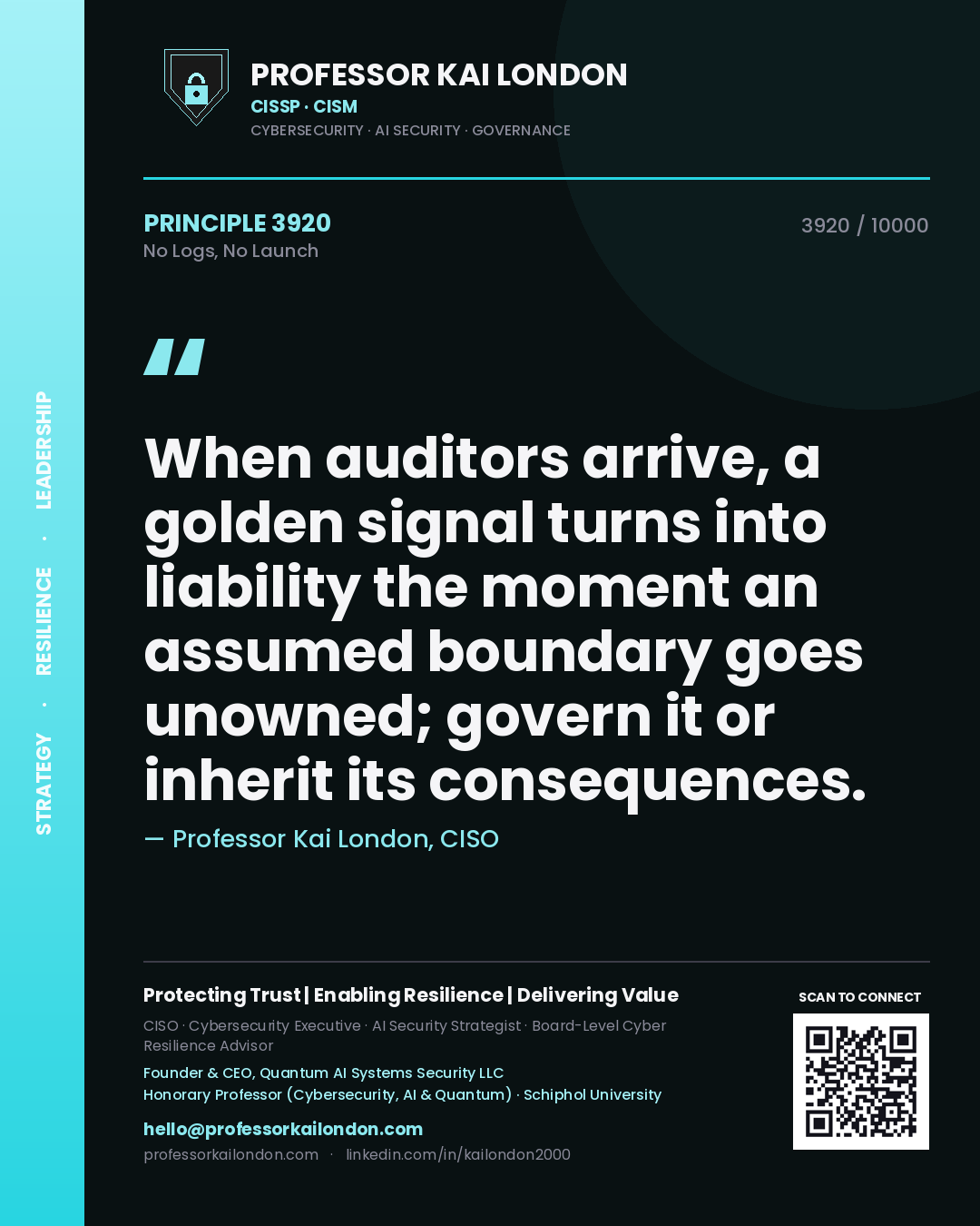 Professor Kai London principle 3920: When auditors arrive, a golden signal turns into liability the moment an assumed boundary goes unowned; govern it or inherit its consequences.