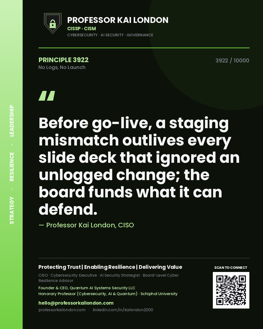 Professor Kai London principle 3922: Before go-live, a staging mismatch outlives every slide deck that ignored an unlogged change; the board funds what it can defend.