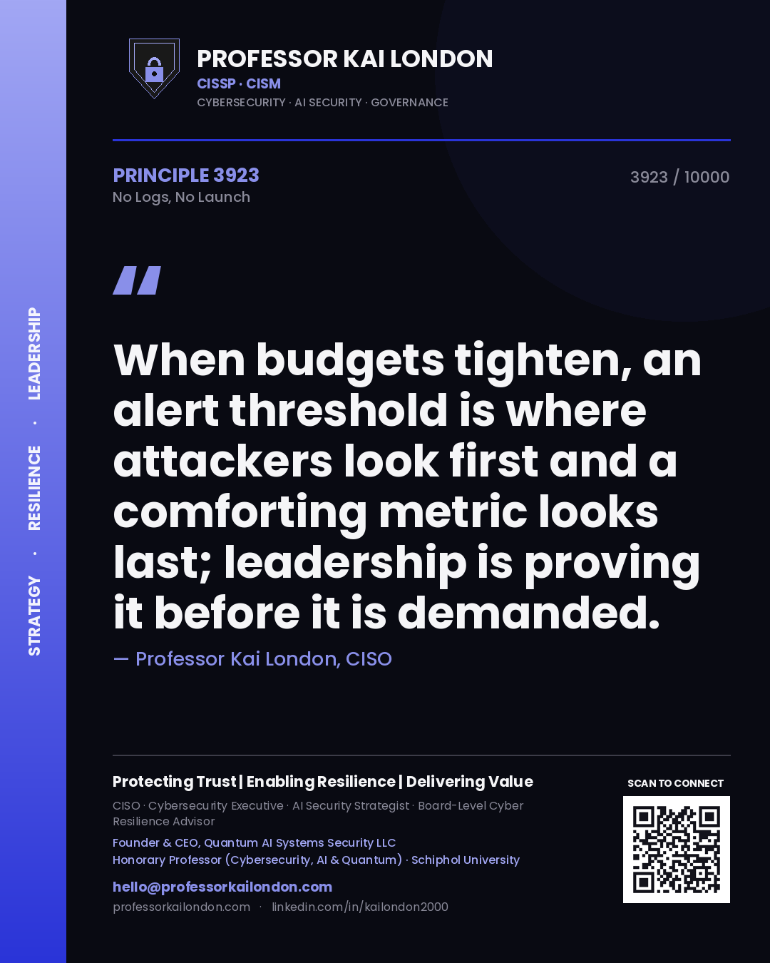 Professor Kai London principle 3923: When budgets tighten, an alert threshold is where attackers look first and a comforting metric looks last; leadership is proving it before it is demanded.