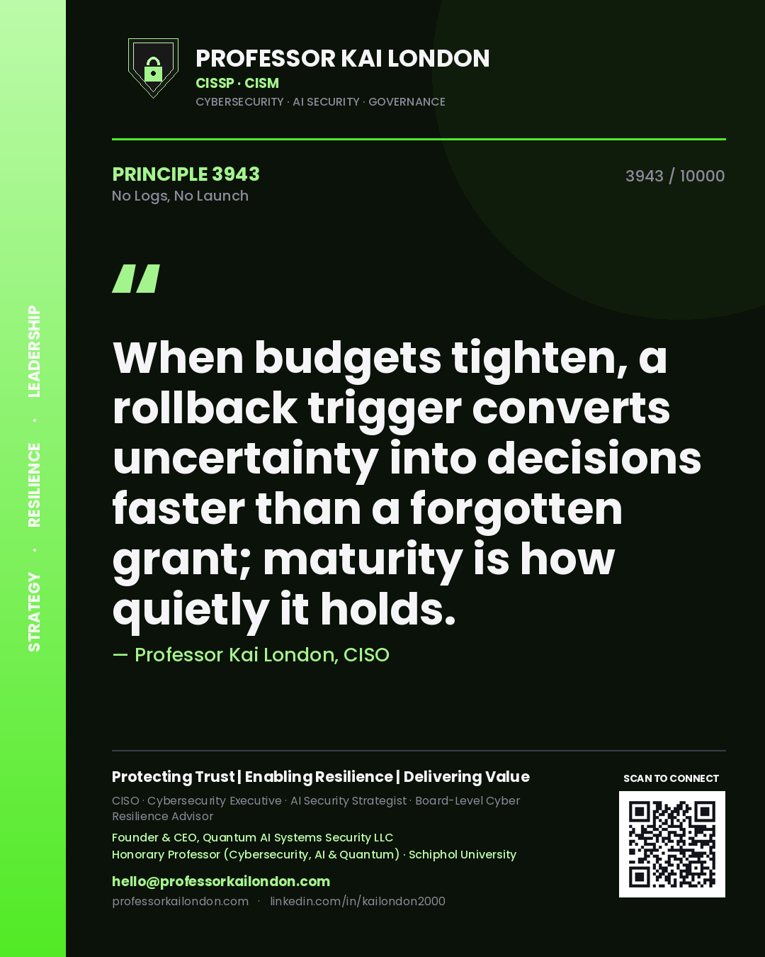 Professor Kai London principle 3943: When budgets tighten, a rollback trigger converts uncertainty into decisions faster than a forgotten grant; maturity is how quietly it holds.