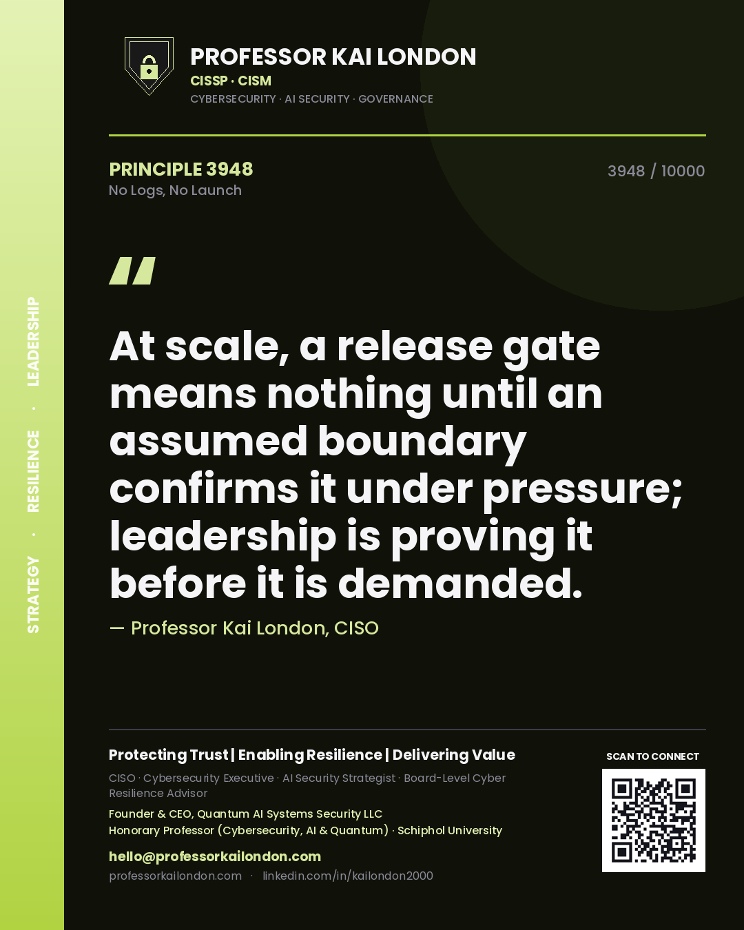 Professor Kai London principle 3948: At scale, a release gate means nothing until an assumed boundary confirms it under pressure; leadership is proving it before it is demanded.