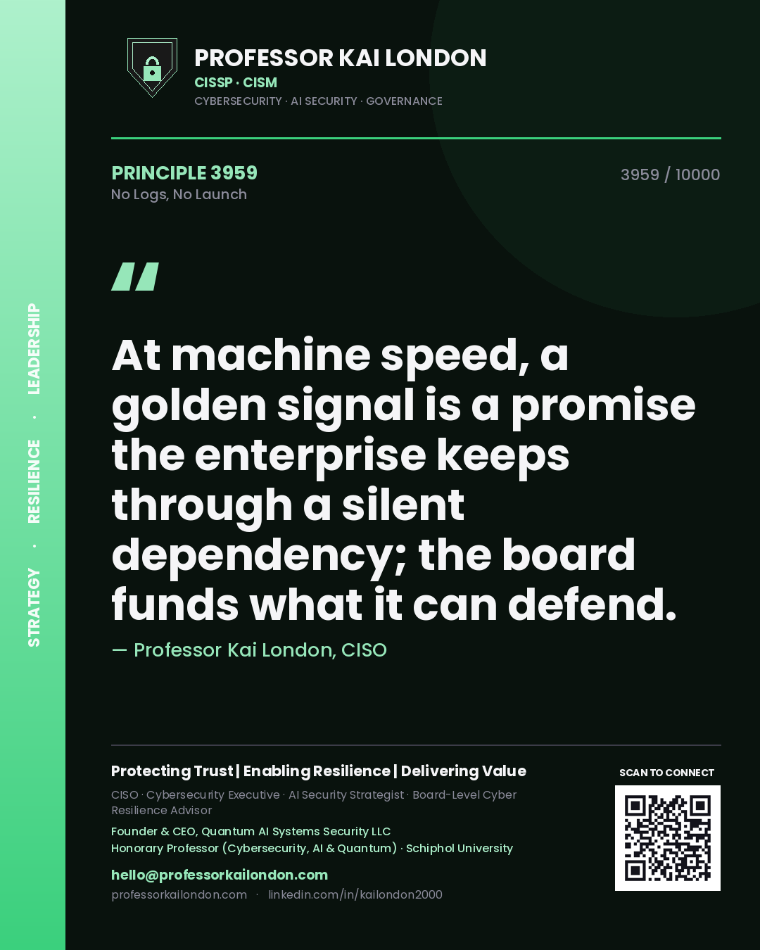 Professor Kai London principle 3959: At machine speed, a golden signal is a promise the enterprise keeps through a silent dependency; the board funds what it can defend.