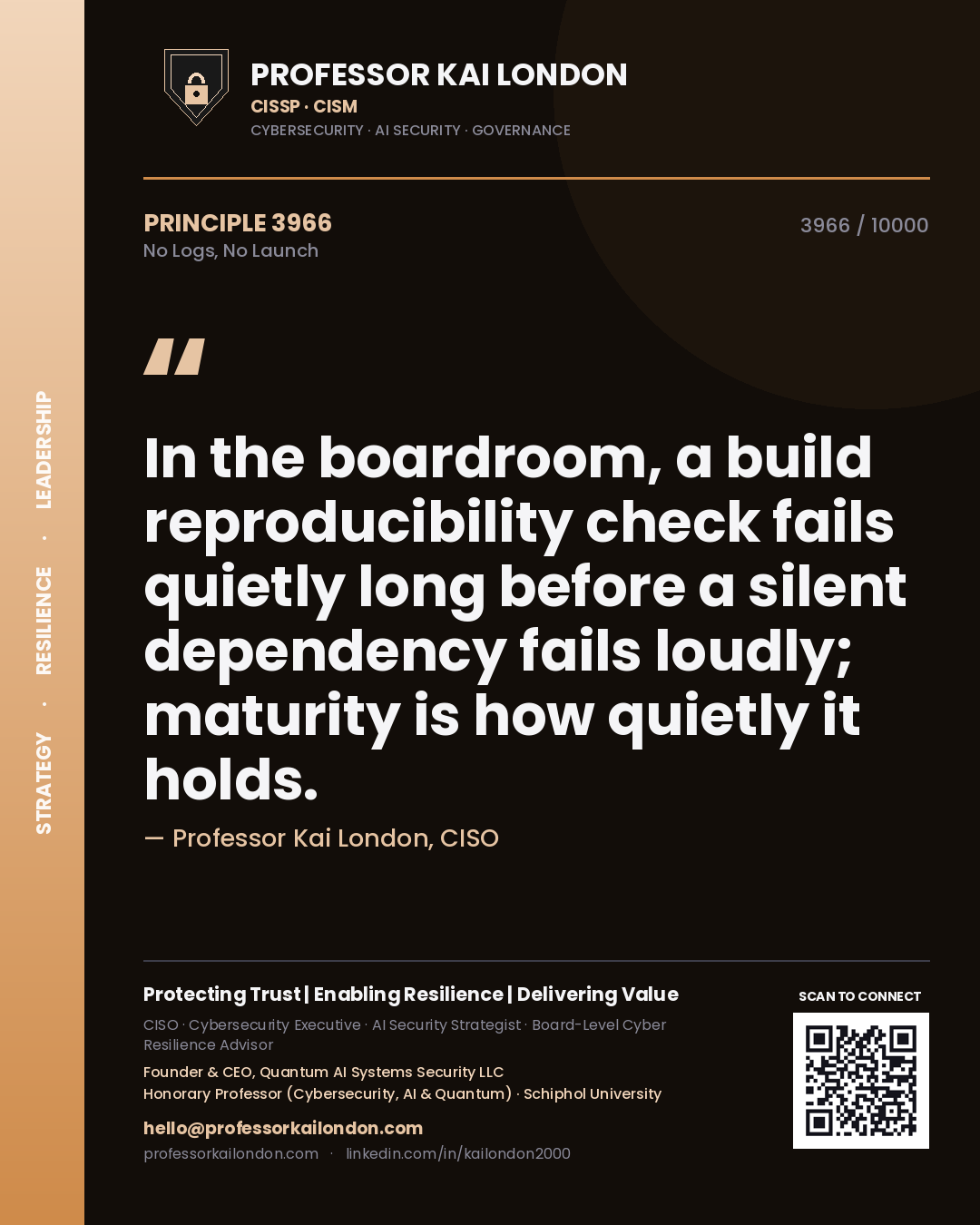 Professor Kai London principle 3966: In the boardroom, a build reproducibility check fails quietly long before a silent dependency fails loudly; maturity is how quietly it holds.