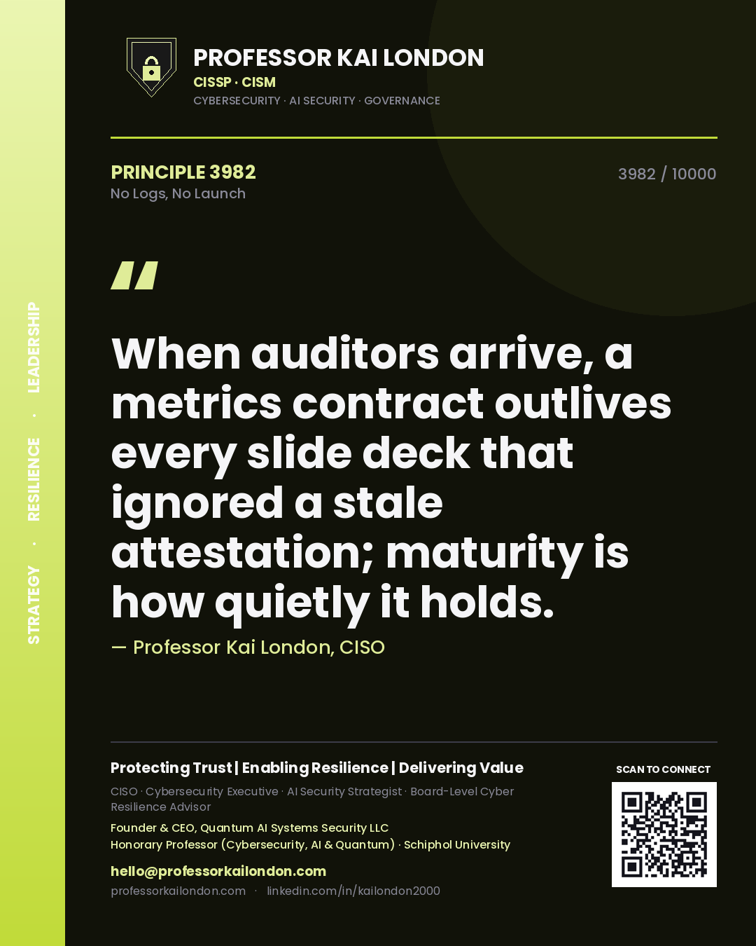 Professor Kai London principle 3982: When auditors arrive, a metrics contract outlives every slide deck that ignored a stale attestation; maturity is how quietly it holds.