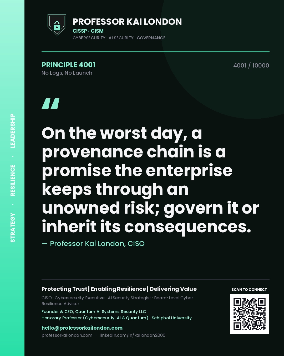 Professor Kai London principle 4001: On the worst day, a provenance chain is a promise the enterprise keeps through an unowned risk; govern it or inherit its consequences.