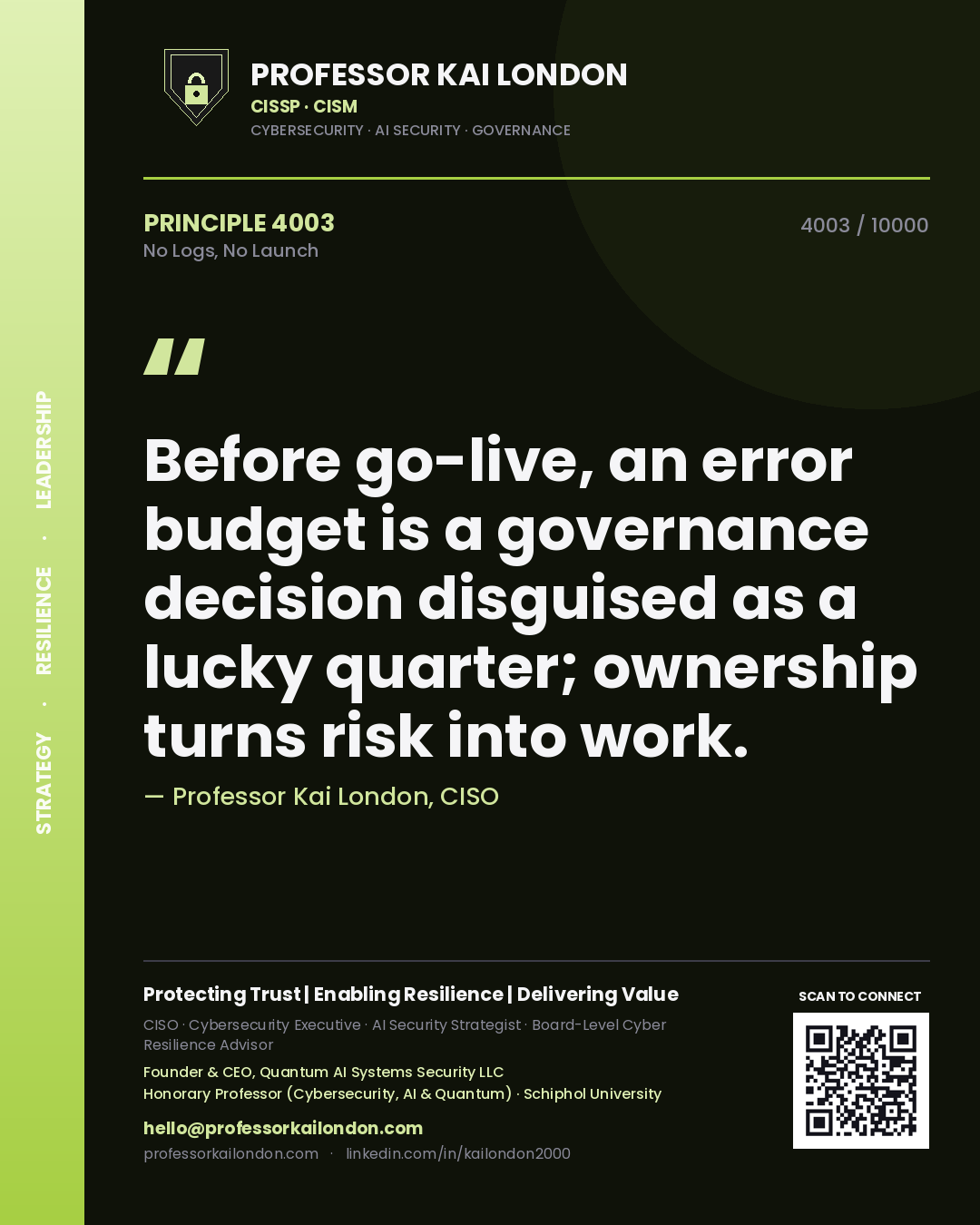 Professor Kai London principle 4003: Before go-live, an error budget is a governance decision disguised as a lucky quarter; ownership turns risk into work.