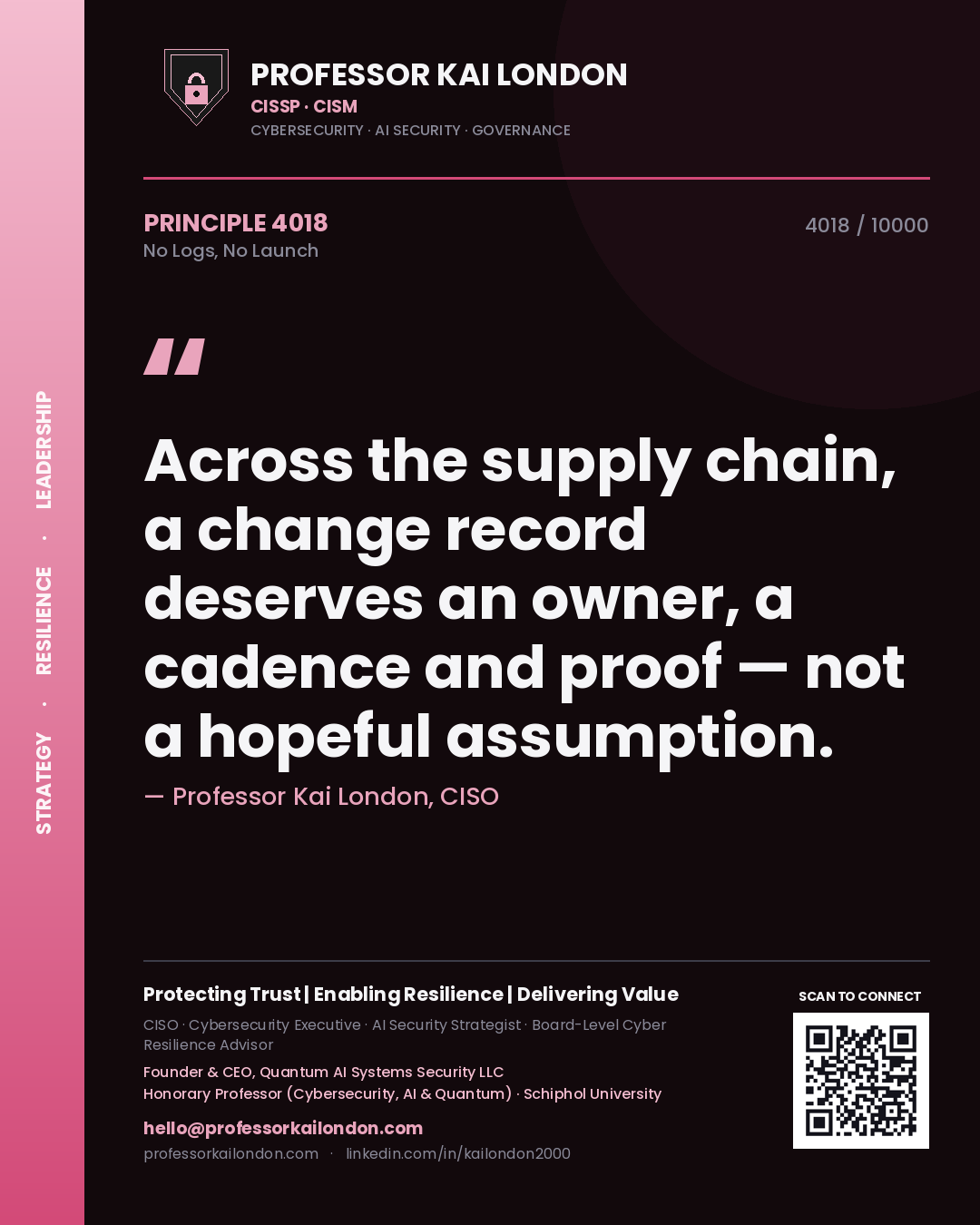 Professor Kai London principle 4018: Across the supply chain, a change record deserves an owner, a cadence and proof — not a hopeful assumption.