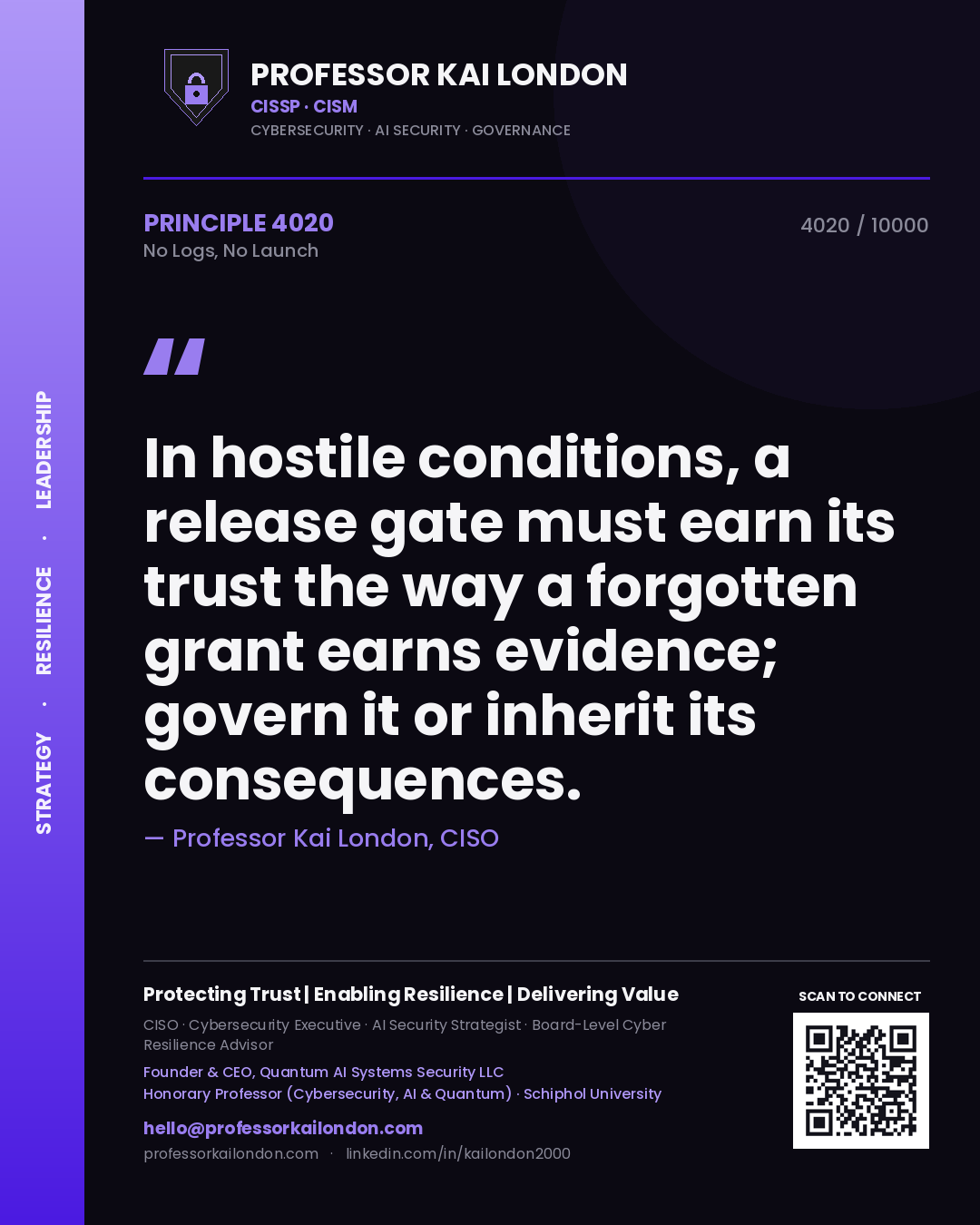 Professor Kai London principle 4020: In hostile conditions, a release gate must earn its trust the way a forgotten grant earns evidence; govern it or inherit its consequences.