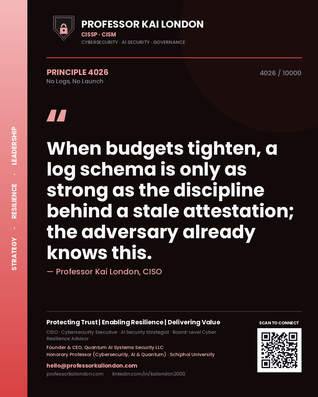 Professor Kai London principle 4026: When budgets tighten, a log schema is only as strong as the discipline behind a stale attestation; the adversary already knows this.