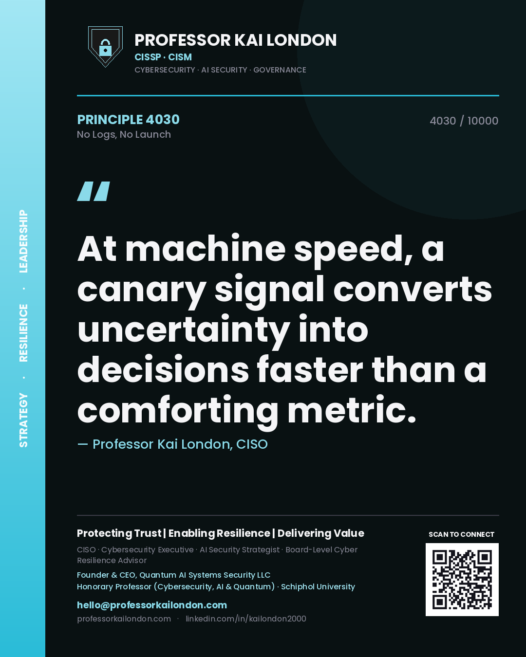Professor Kai London principle 4030: At machine speed, a canary signal converts uncertainty into decisions faster than a comforting metric.
