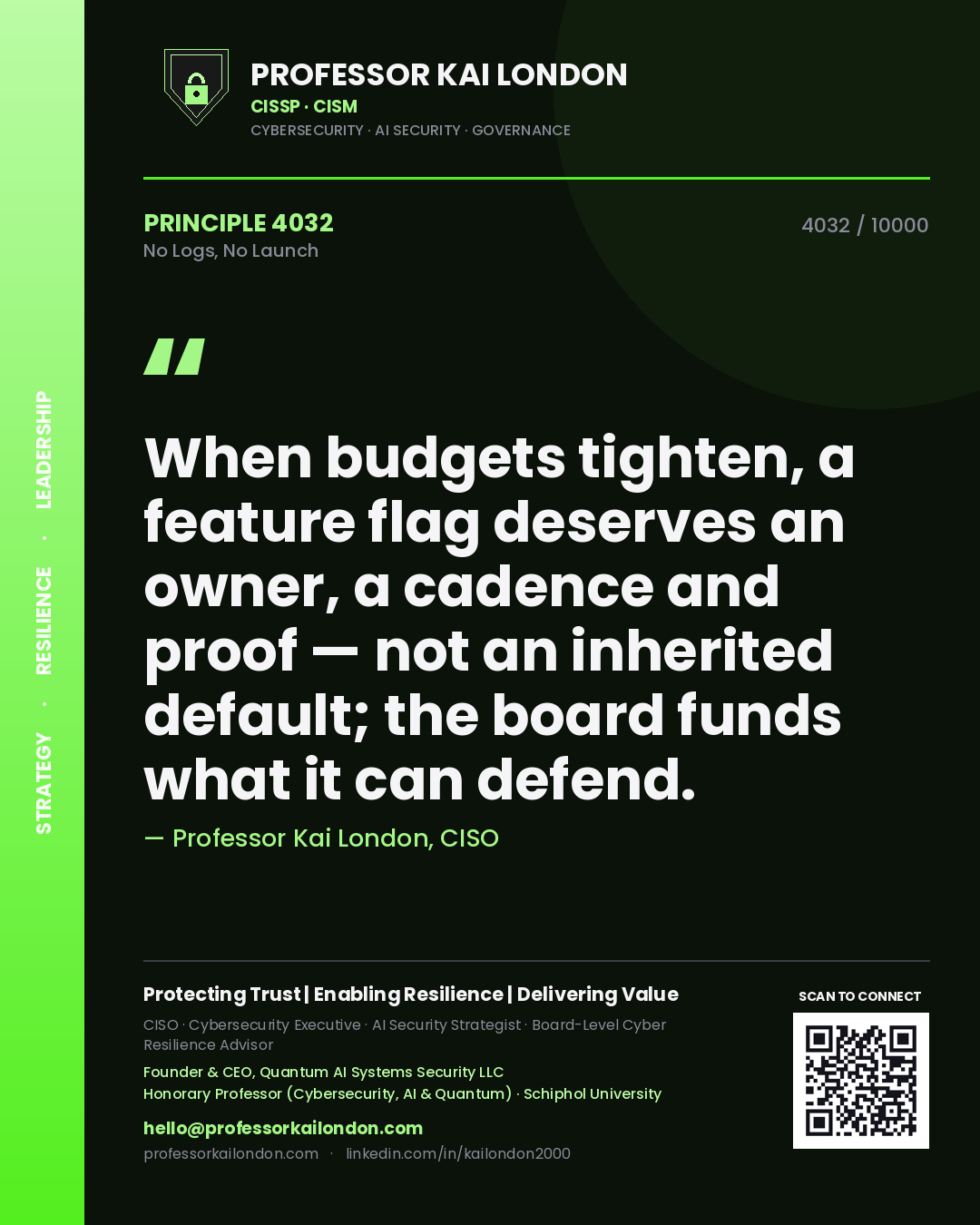 Professor Kai London principle 4032: When budgets tighten, a feature flag deserves an owner, a cadence and proof — not an inherited default; the board funds what it can defend.