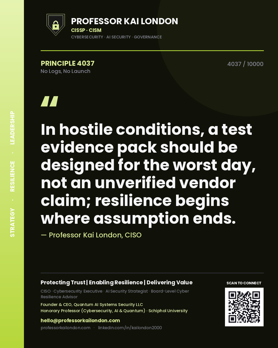 Professor Kai London principle 4037: In hostile conditions, a test evidence pack should be designed for the worst day, not an unverified vendor claim; resilience begins where assumption ends.