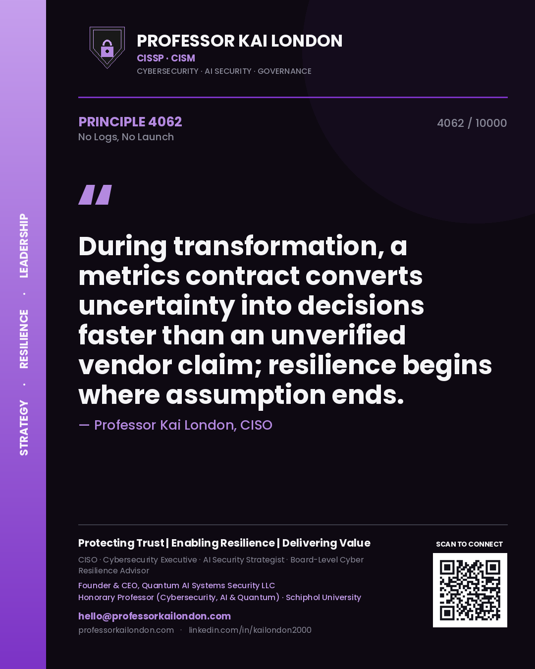 Professor Kai London principle 4062: During transformation, a metrics contract converts uncertainty into decisions faster than an unverified vendor claim; resilience begins where assumption ends.