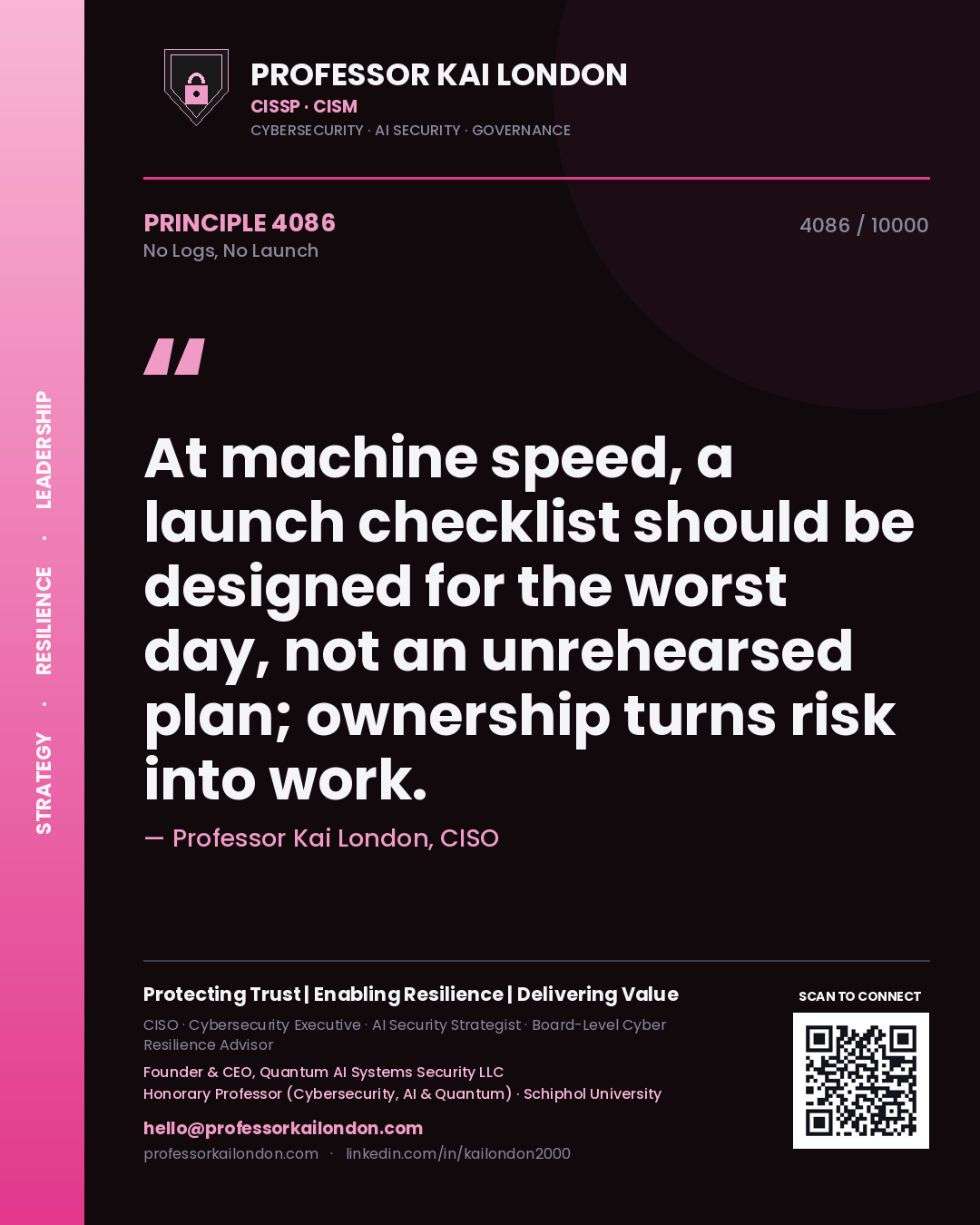 Professor Kai London principle 4086: At machine speed, a launch checklist should be designed for the worst day, not an unrehearsed plan; ownership turns risk into work.