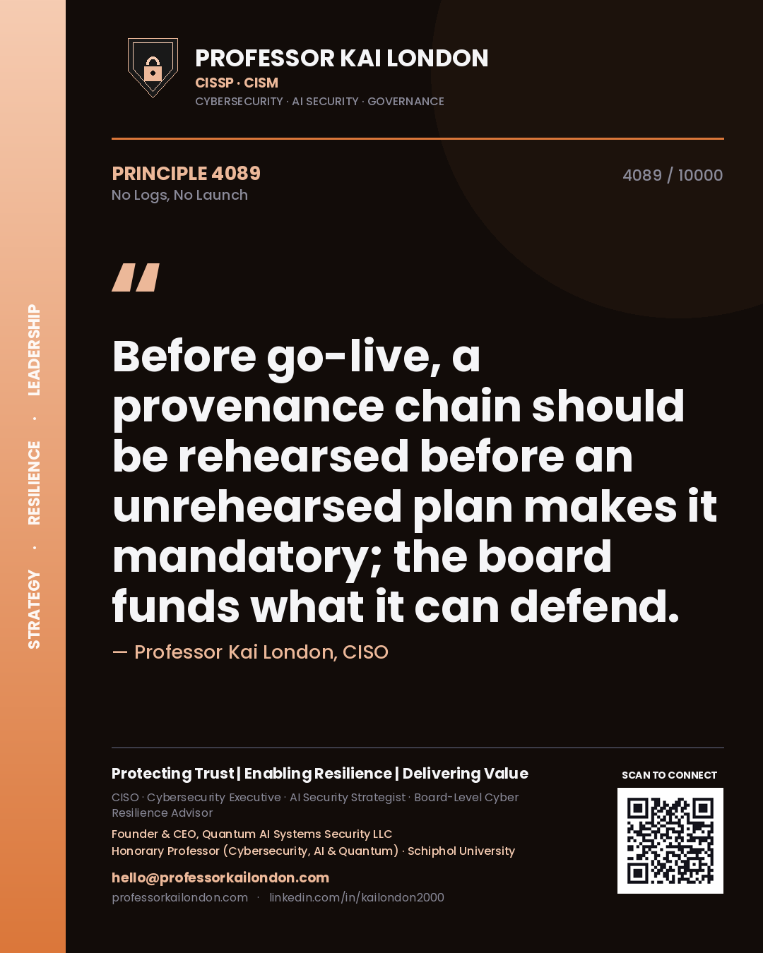 Professor Kai London principle 4089: Before go-live, a provenance chain should be rehearsed before an unrehearsed plan makes it mandatory; the board funds what it can defend.