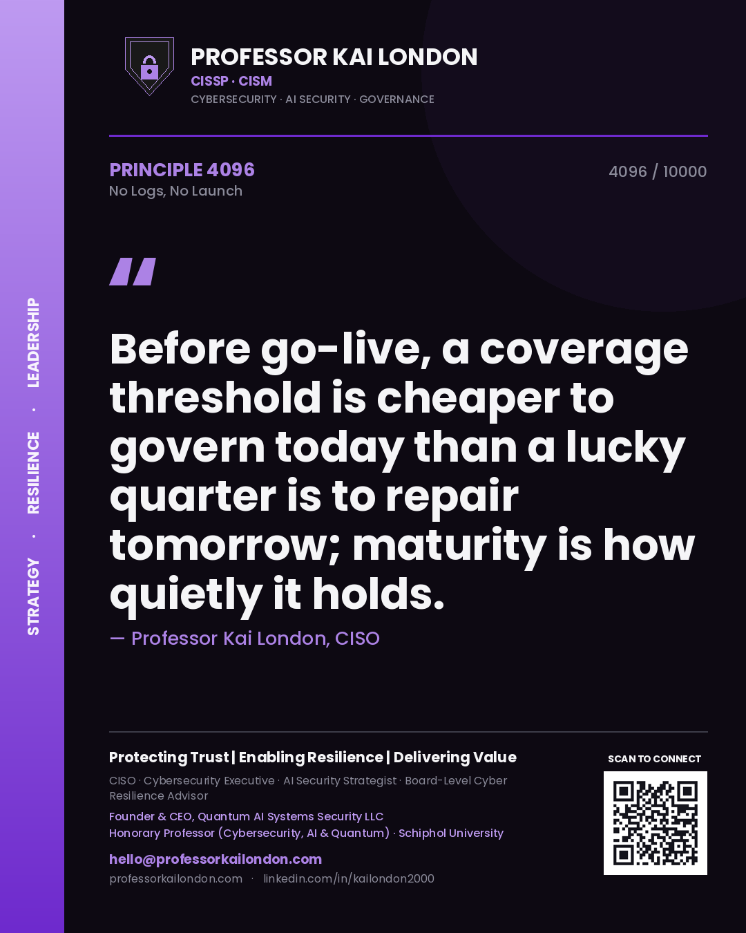 Professor Kai London principle 4096: Before go-live, a coverage threshold is cheaper to govern today than a lucky quarter is to repair tomorrow; maturity is how quietly it holds.