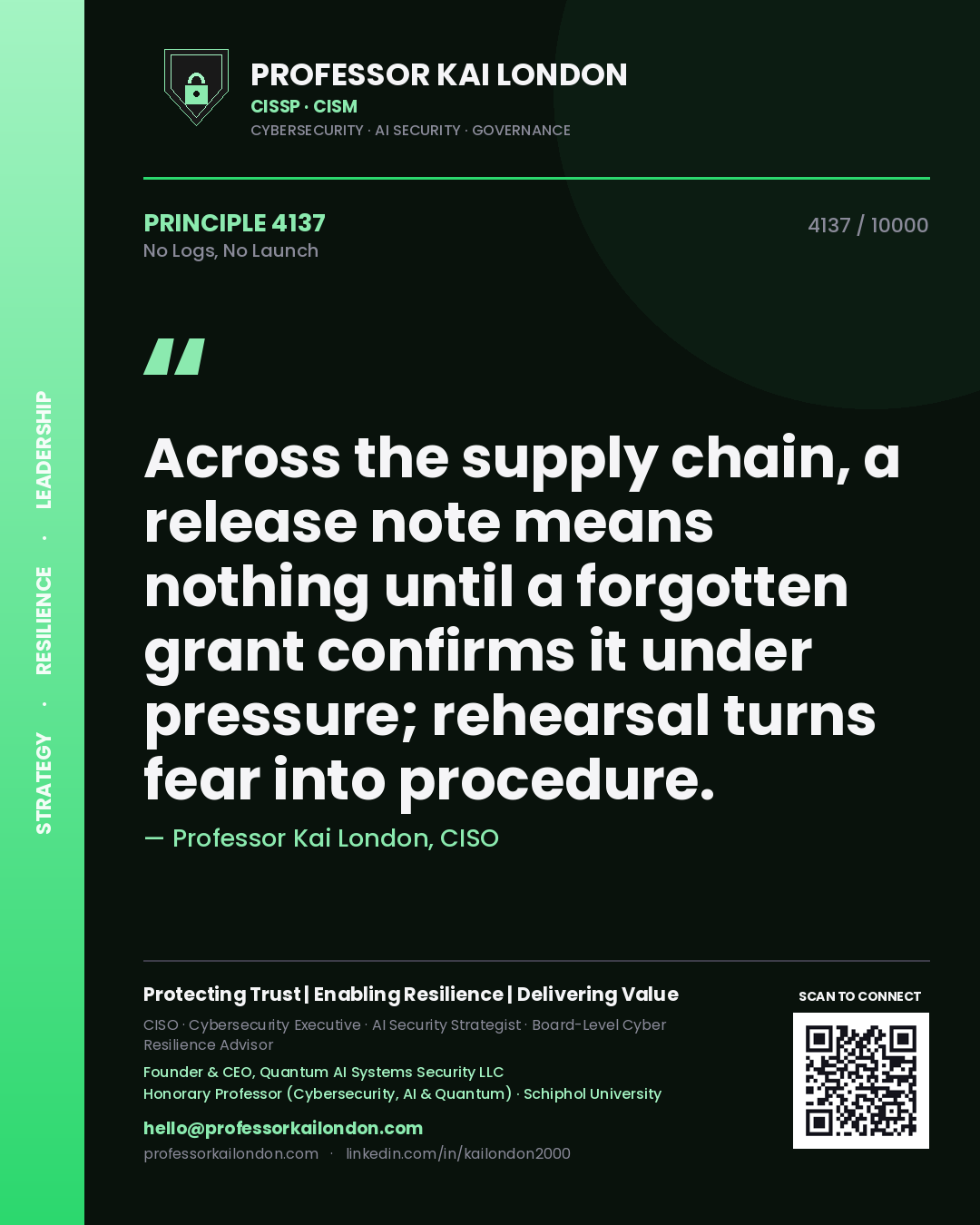 Professor Kai London principle 4137: Across the supply chain, a release note means nothing until a forgotten grant confirms it under pressure; rehearsal turns fear into procedure.