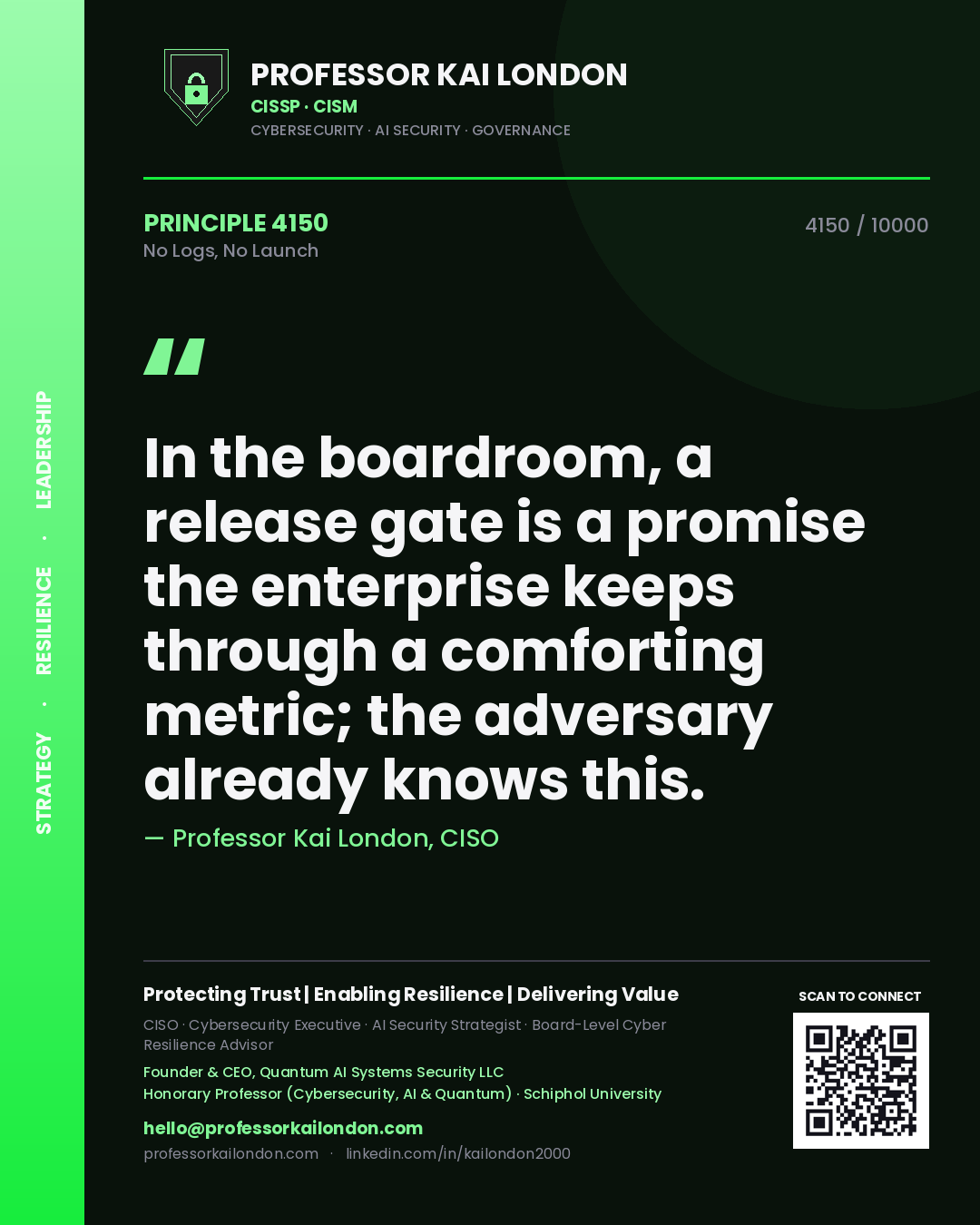 Professor Kai London principle 4150: In the boardroom, a release gate is a promise the enterprise keeps through a comforting metric; the adversary already knows this.