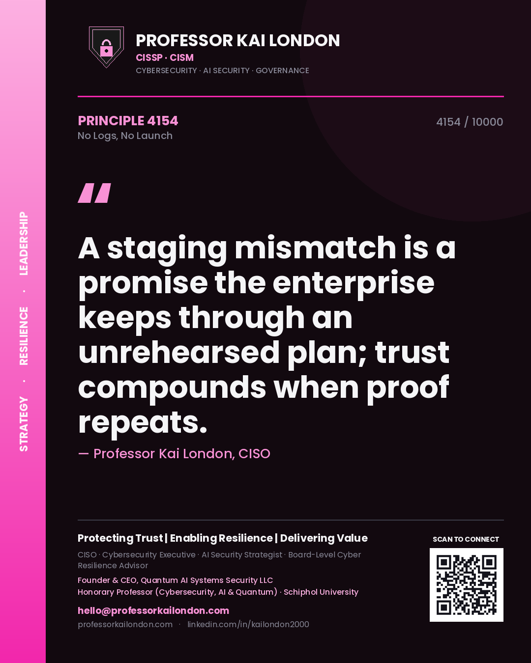 Professor Kai London principle 4154: A staging mismatch is a promise the enterprise keeps through an unrehearsed plan; trust compounds when proof repeats.