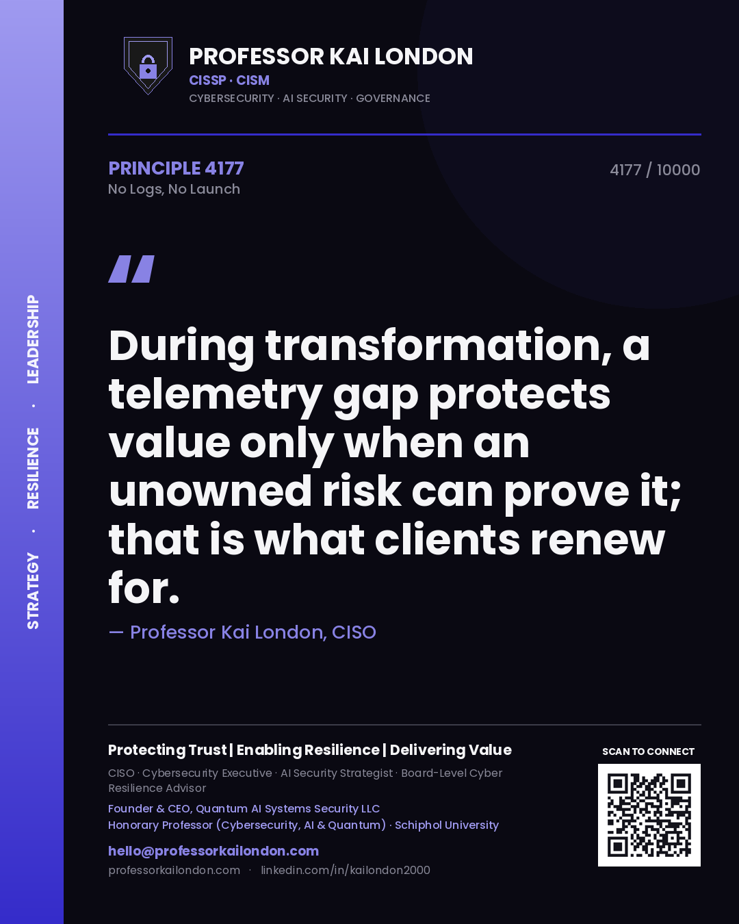 Professor Kai London principle 4177: During transformation, a telemetry gap protects value only when an unowned risk can prove it; that is what clients renew for.