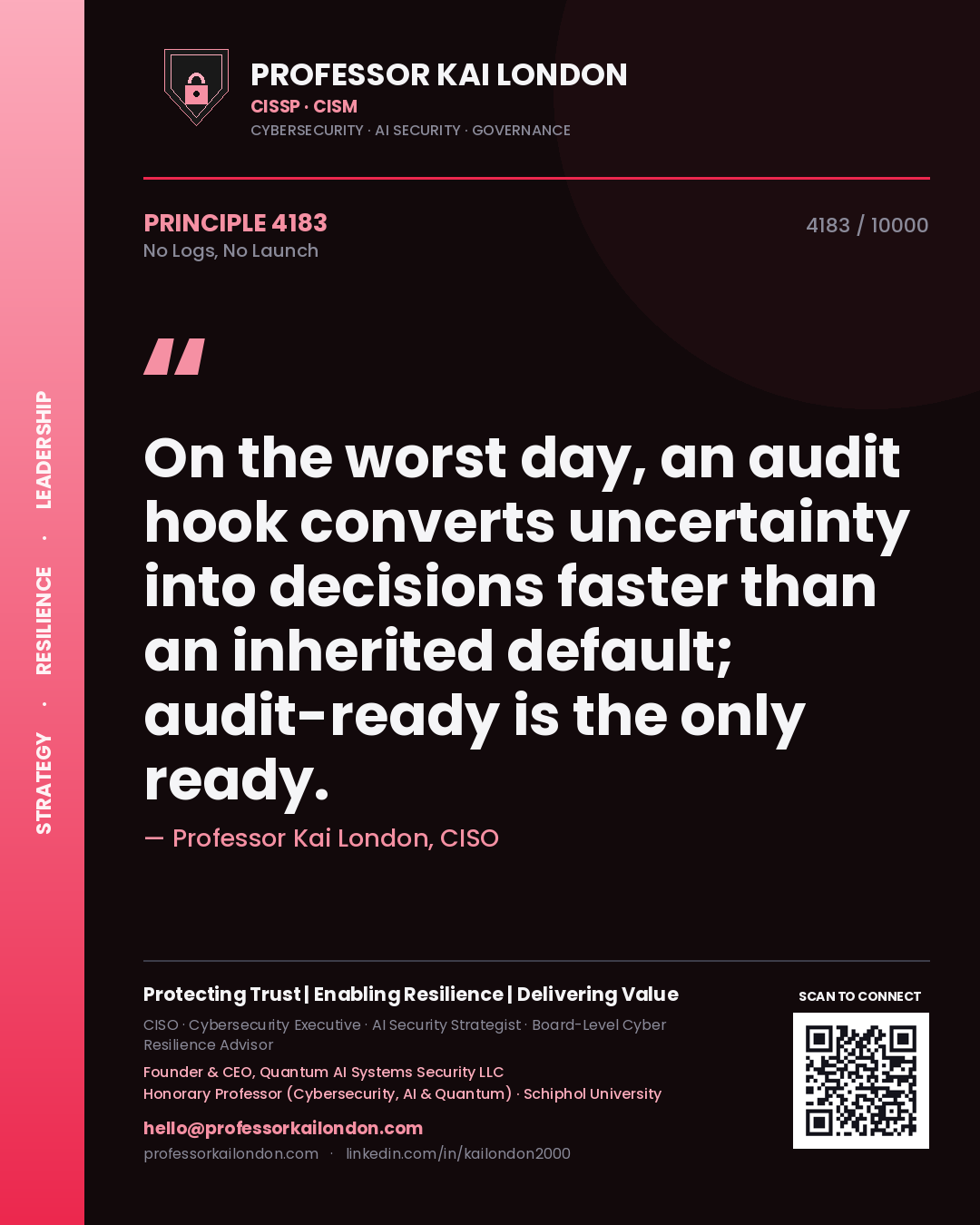 Professor Kai London principle 4183: On the worst day, an audit hook converts uncertainty into decisions faster than an inherited default; audit-ready is the only ready.