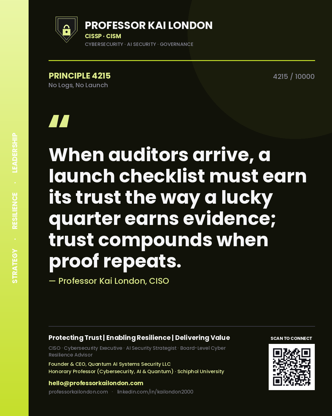 Professor Kai London principle 4215: When auditors arrive, a launch checklist must earn its trust the way a lucky quarter earns evidence; trust compounds when proof repeats.