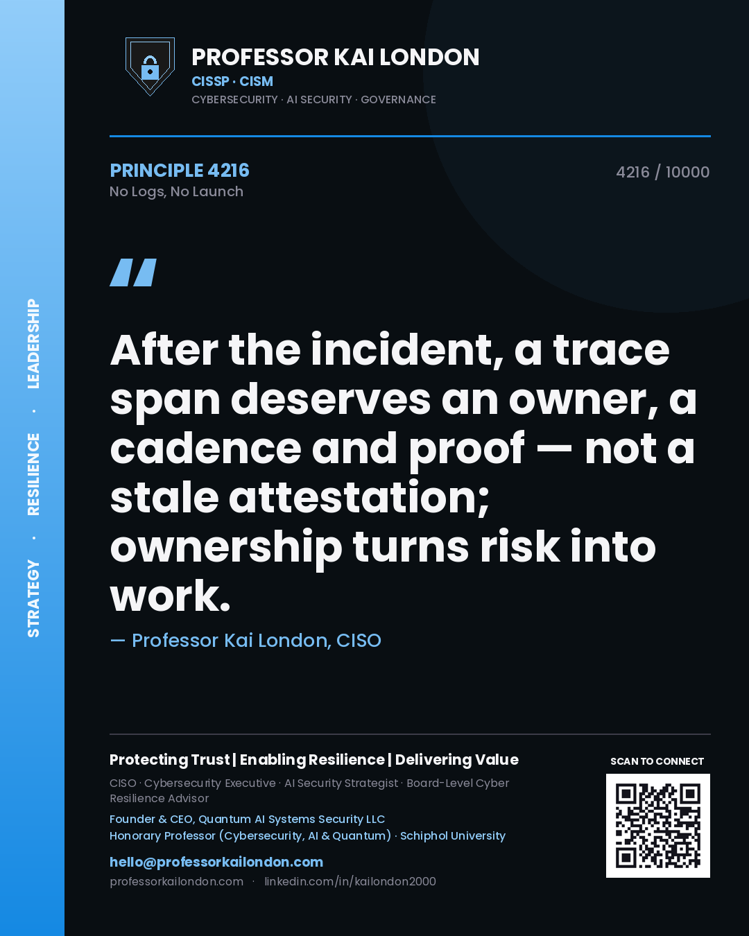 Professor Kai London principle 4216: After the incident, a trace span deserves an owner, a cadence and proof — not a stale attestation; ownership turns risk into work.