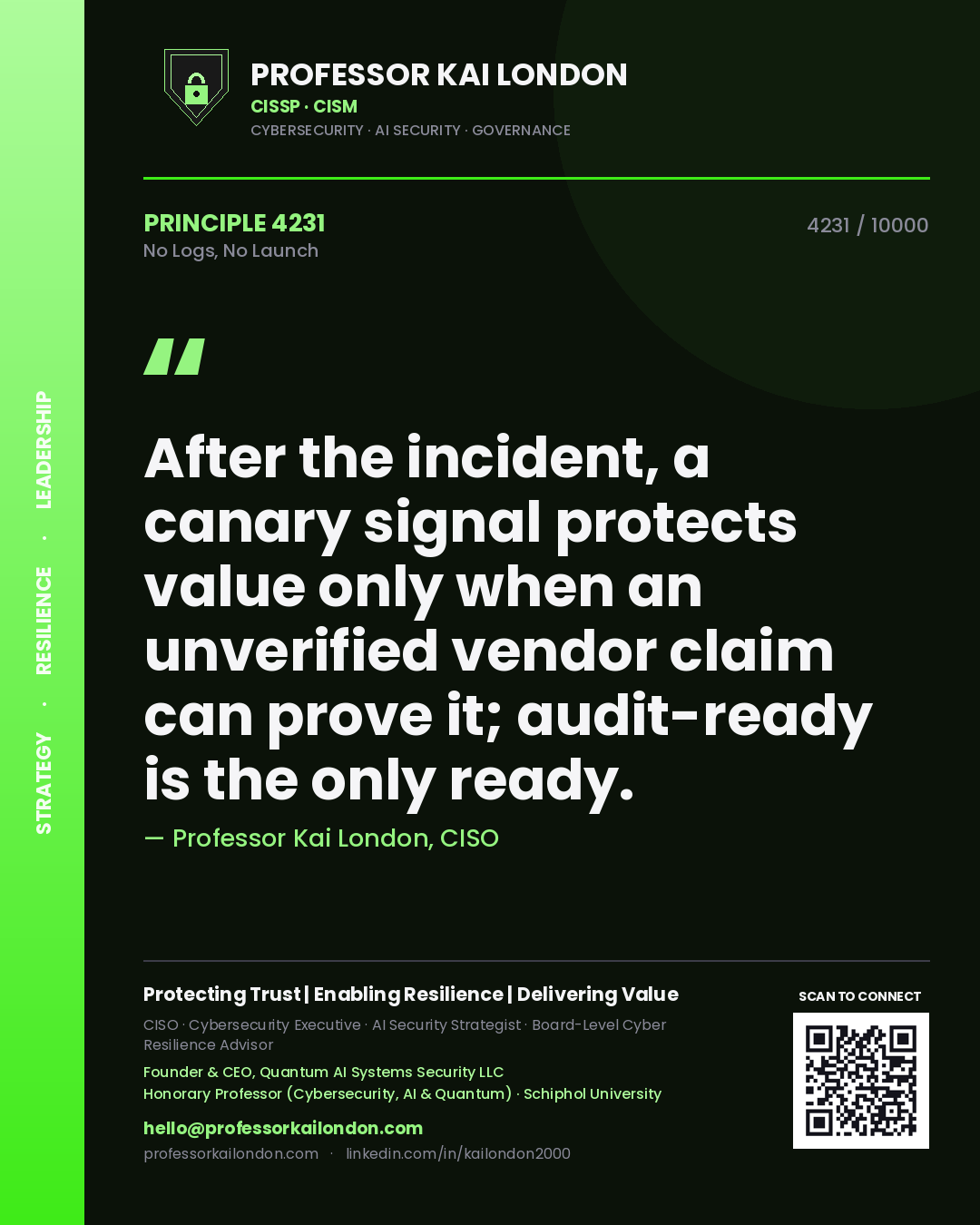 Professor Kai London principle 4231: After the incident, a canary signal protects value only when an unverified vendor claim can prove it; audit-ready is the only ready.