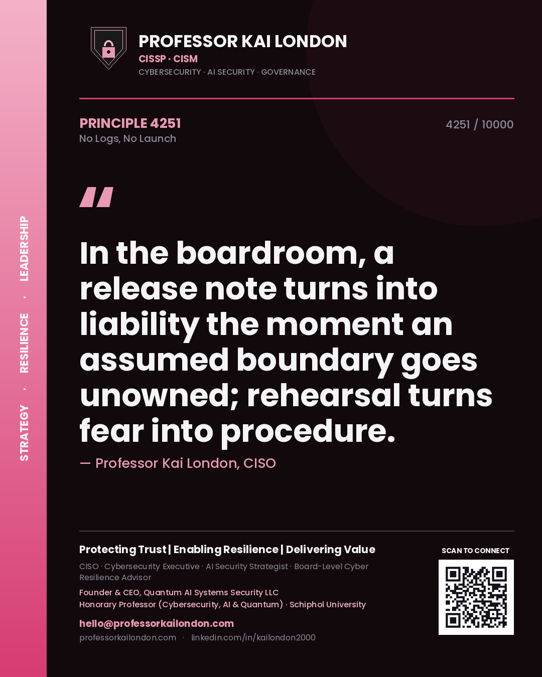 Professor Kai London principle 4251: In the boardroom, a release note turns into liability the moment an assumed boundary goes unowned; rehearsal turns fear into procedure.