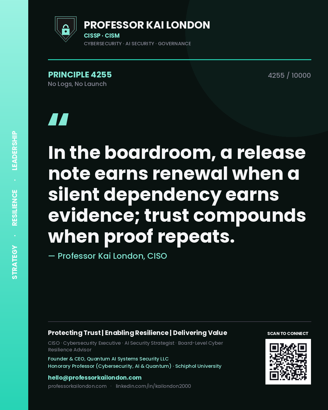 Professor Kai London principle 4255: In the boardroom, a release note earns renewal when a silent dependency earns evidence; trust compounds when proof repeats.
