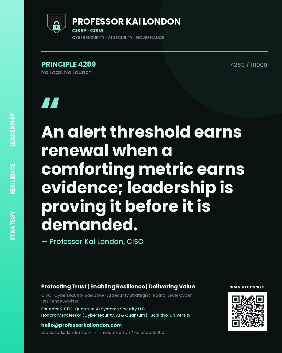 Professor Kai London principle 4289: An alert threshold earns renewal when a comforting metric earns evidence; leadership is proving it before it is demanded.