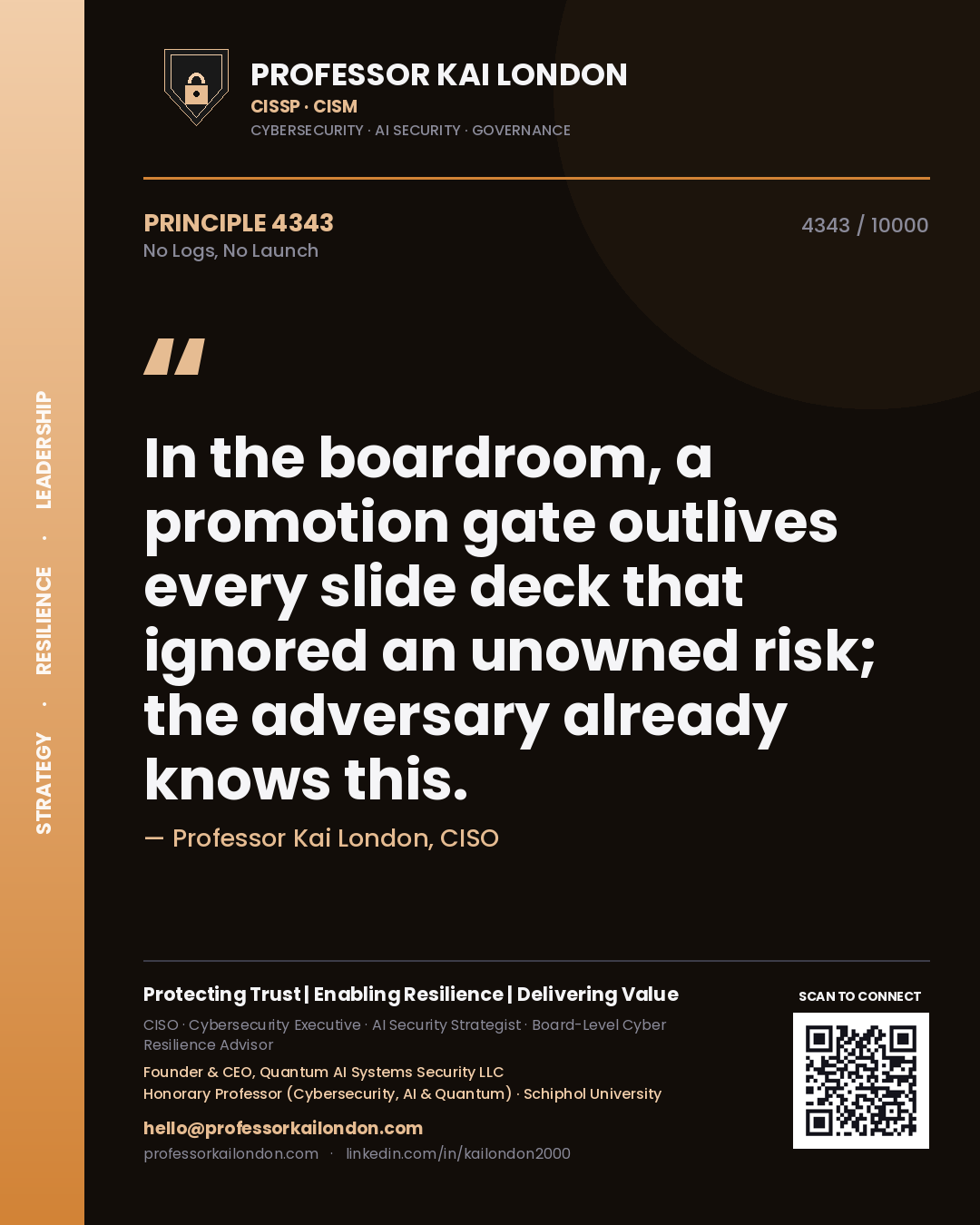 Professor Kai London principle 4343: In the boardroom, a promotion gate outlives every slide deck that ignored an unowned risk; the adversary already knows this.