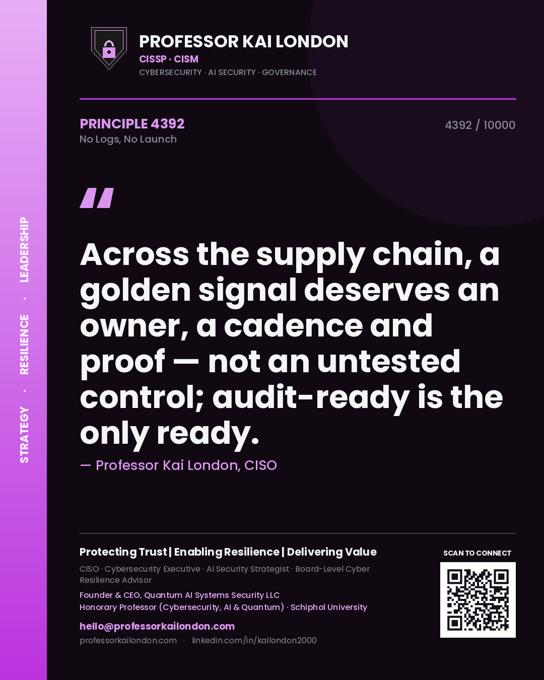 Professor Kai London principle 4392: Across the supply chain, a golden signal deserves an owner, a cadence and proof — not an untested control; audit-ready is the only ready.