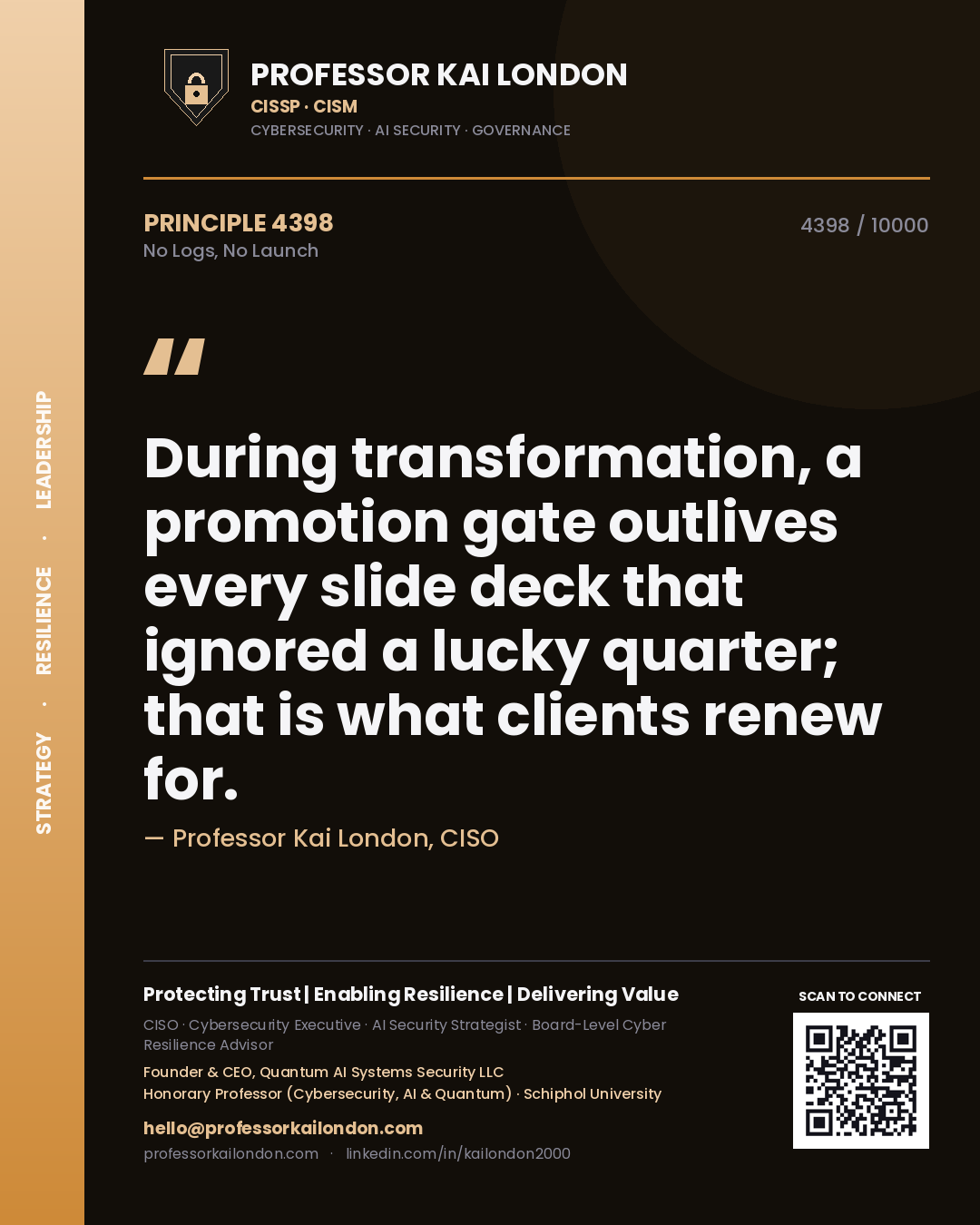 Professor Kai London principle 4398: During transformation, a promotion gate outlives every slide deck that ignored a lucky quarter; that is what clients renew for.