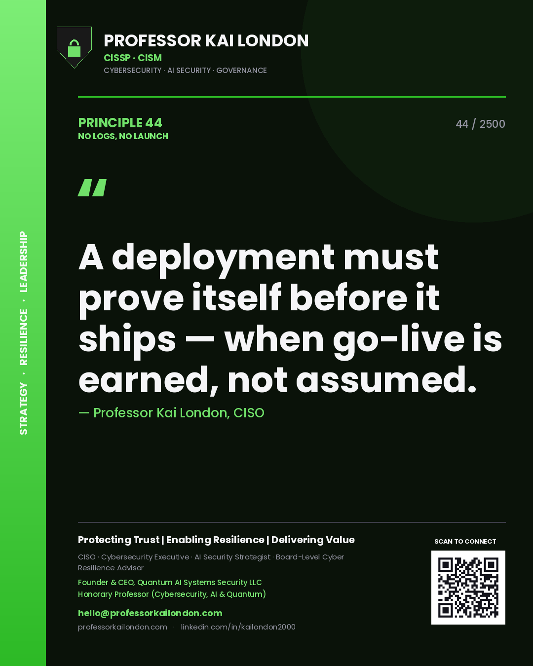 Professor Kai London principle 44: A deployment must prove itself before it ships — when go-live is earned, not assumed.