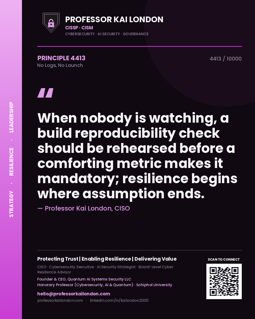 Professor Kai London principle 4413: When nobody is watching, a build reproducibility check should be rehearsed before a comforting metric makes it mandatory; resilience begins where assumption ends.