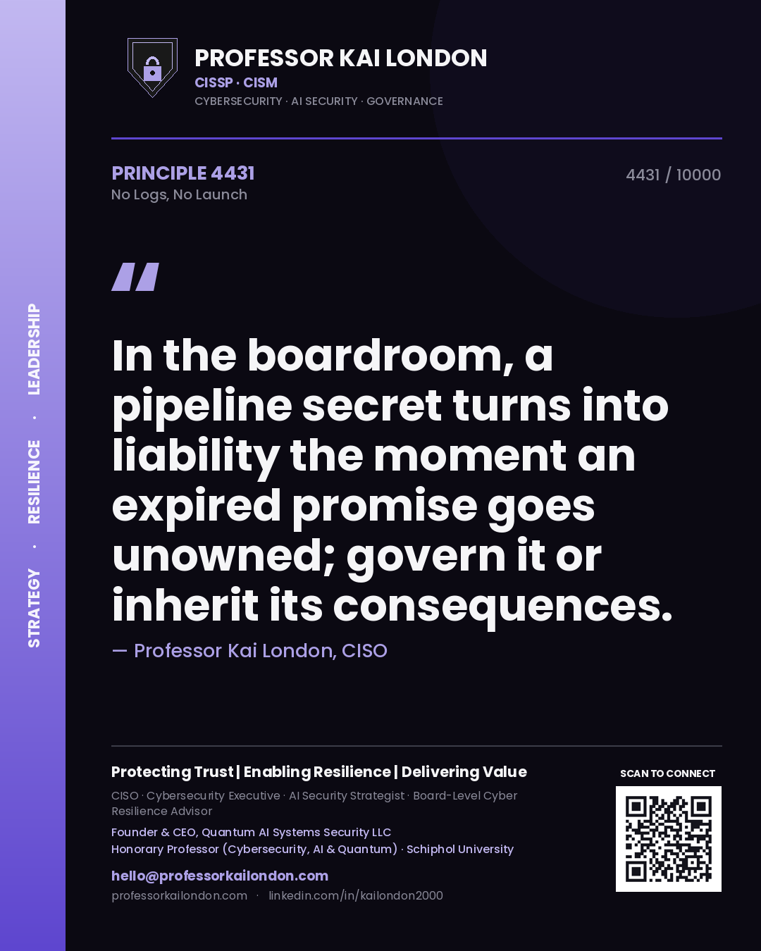 Professor Kai London principle 4431: In the boardroom, a pipeline secret turns into liability the moment an expired promise goes unowned; govern it or inherit its consequences.