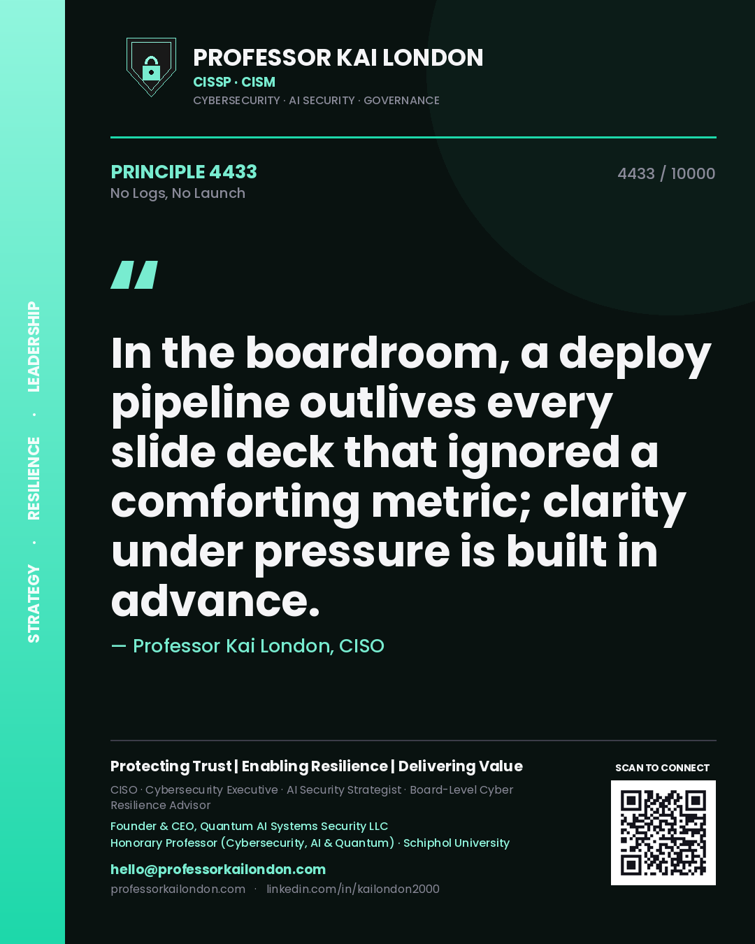 Professor Kai London principle 4433: In the boardroom, a deploy pipeline outlives every slide deck that ignored a comforting metric; clarity under pressure is built in advance.